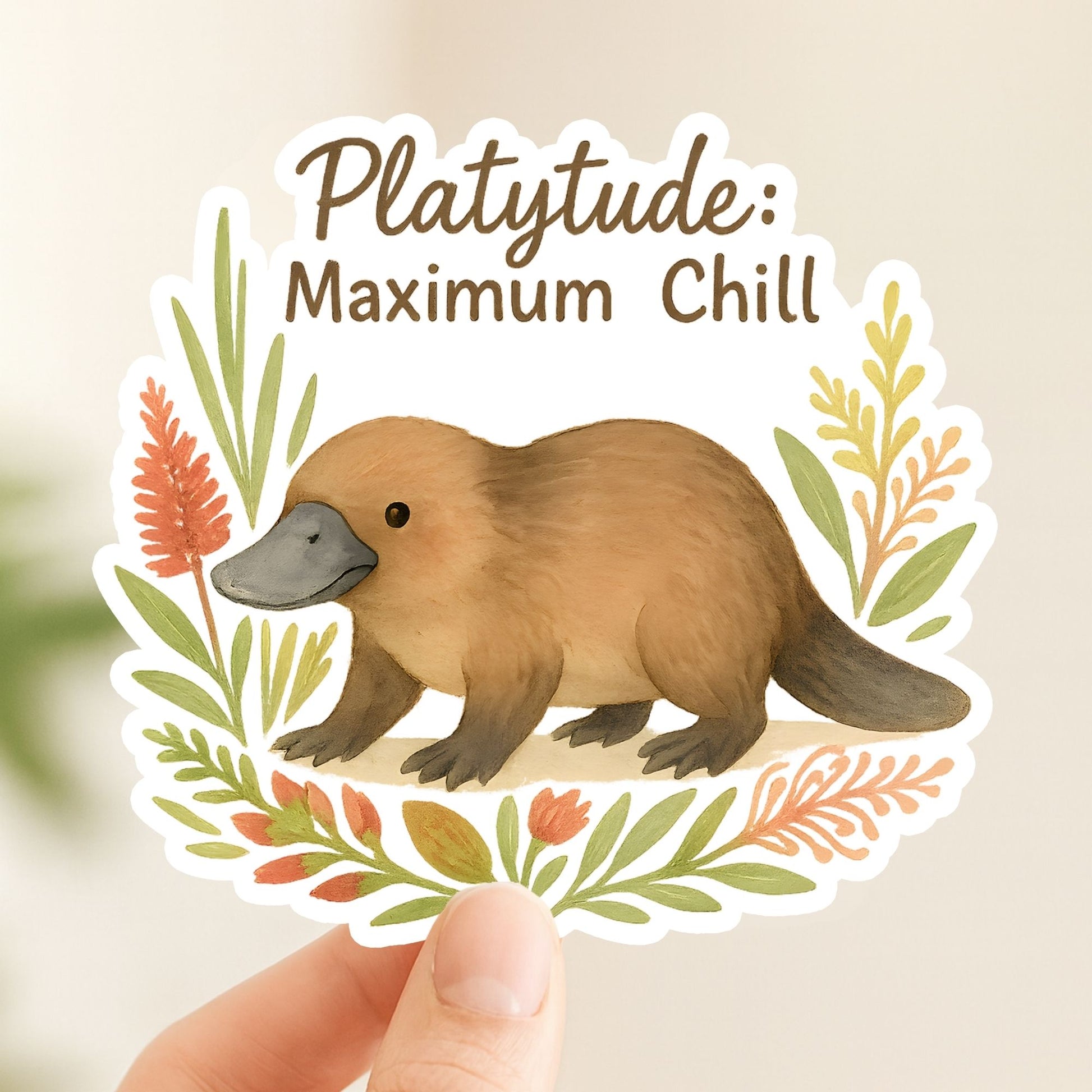 Platytude Maximum Chill Platypus | Aussie Animal | White Vinyl | Die-Cut Sticker