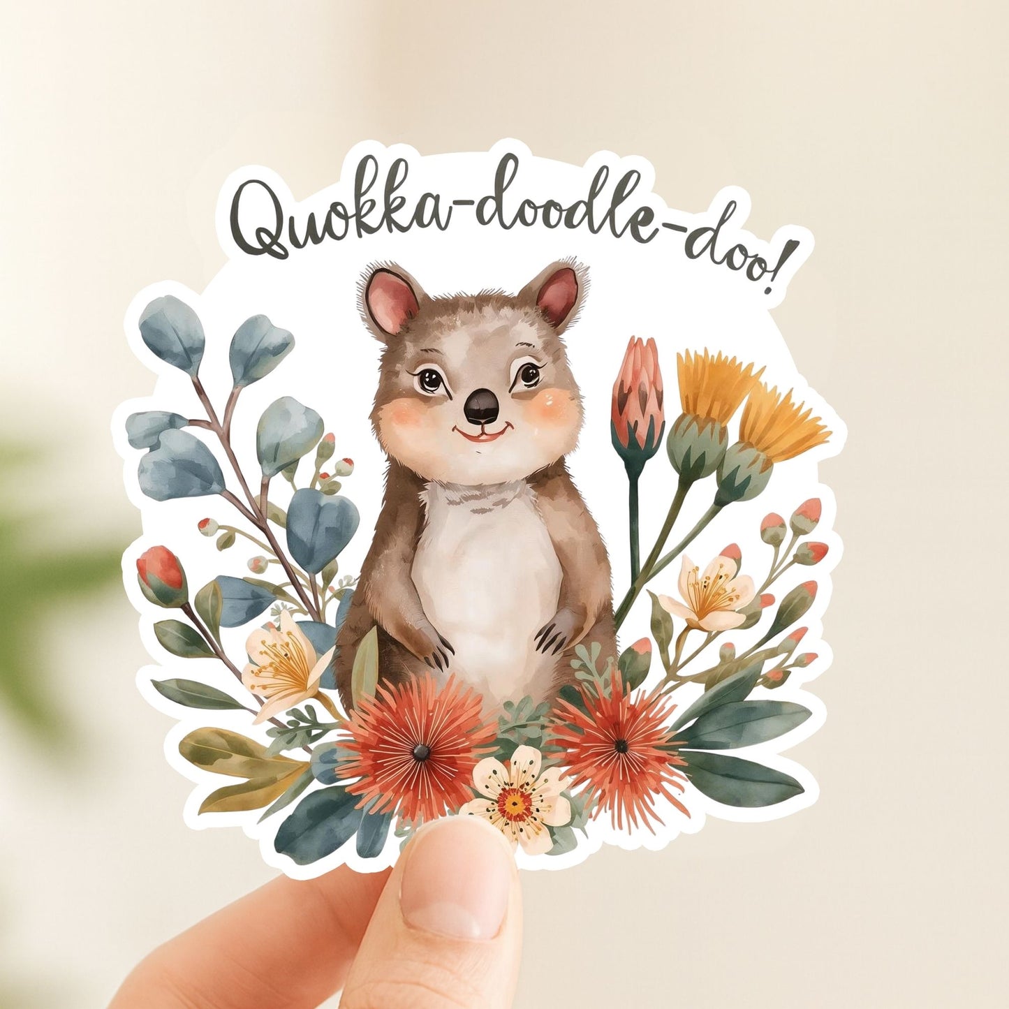 Quokka-Doodle-Doo Happy Quokka | Aussie Animal | White Vinyl | Die-Cut Sticker
