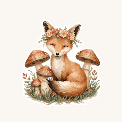 Fox with Flower Crown Woodland | Cottagecore | White Vinyl | Die-Cut Sticker
