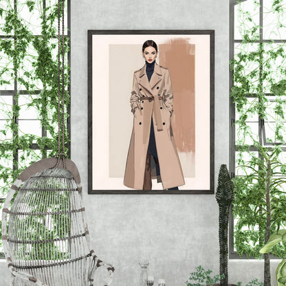 Beige Trench Coat | Elegant Minimalist Fashion Illustration | Digital Wall Artwork