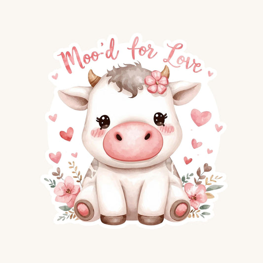 Moo'd for Love Valentine Cow | Kawaii Animal | White Vinyl | Die-Cut Sticker