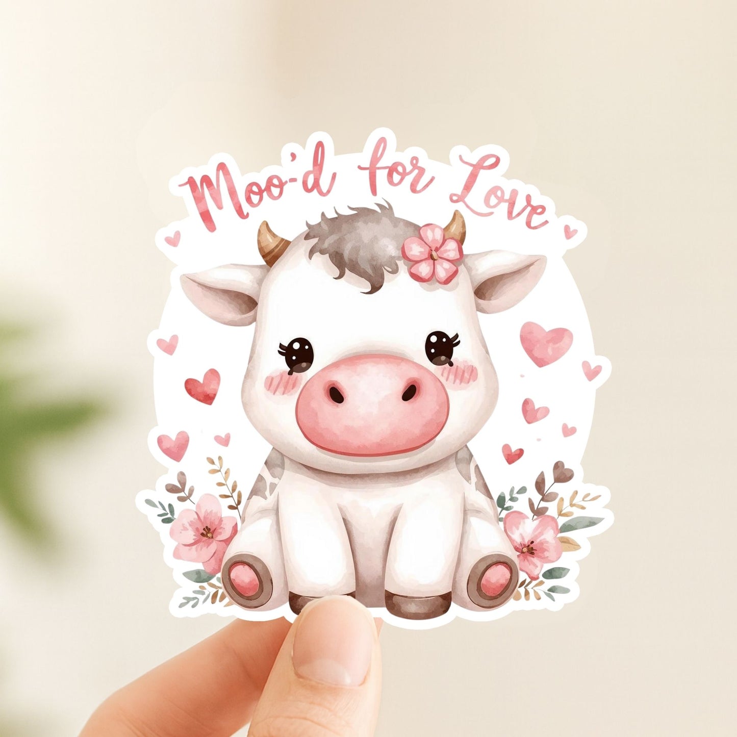 Moo'd for Love Valentine Cow | Kawaii Animal | White Vinyl | Die-Cut Sticker