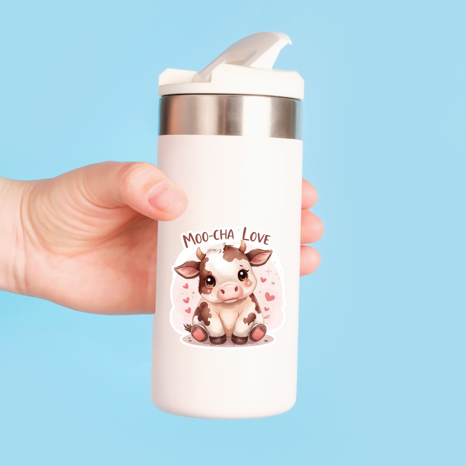Moo-Cha Love Baby Cow | Kawaii Animal | White Vinyl | Die-Cut Sticker