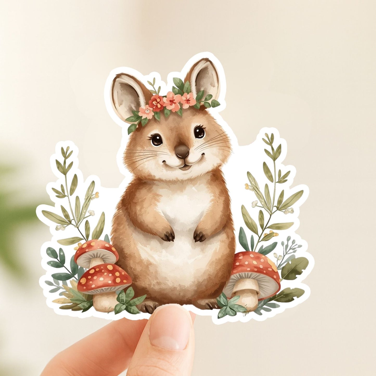 Cute Quokka Floral Forest | Cottagecore | White Vinyl | Die-Cut Sticker