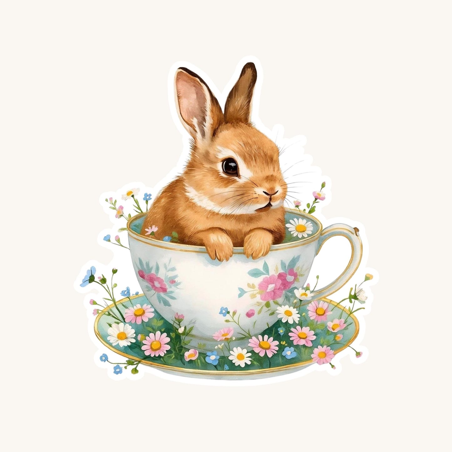 Bunny in Teacup Floral Spring | Cottagecore | White Vinyl | Die-Cut Sticker