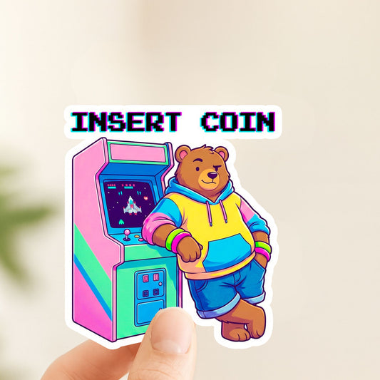 Insert Coin Arcade Bear | Retro Gamer | White Vinyl | Die-Cut Sticker