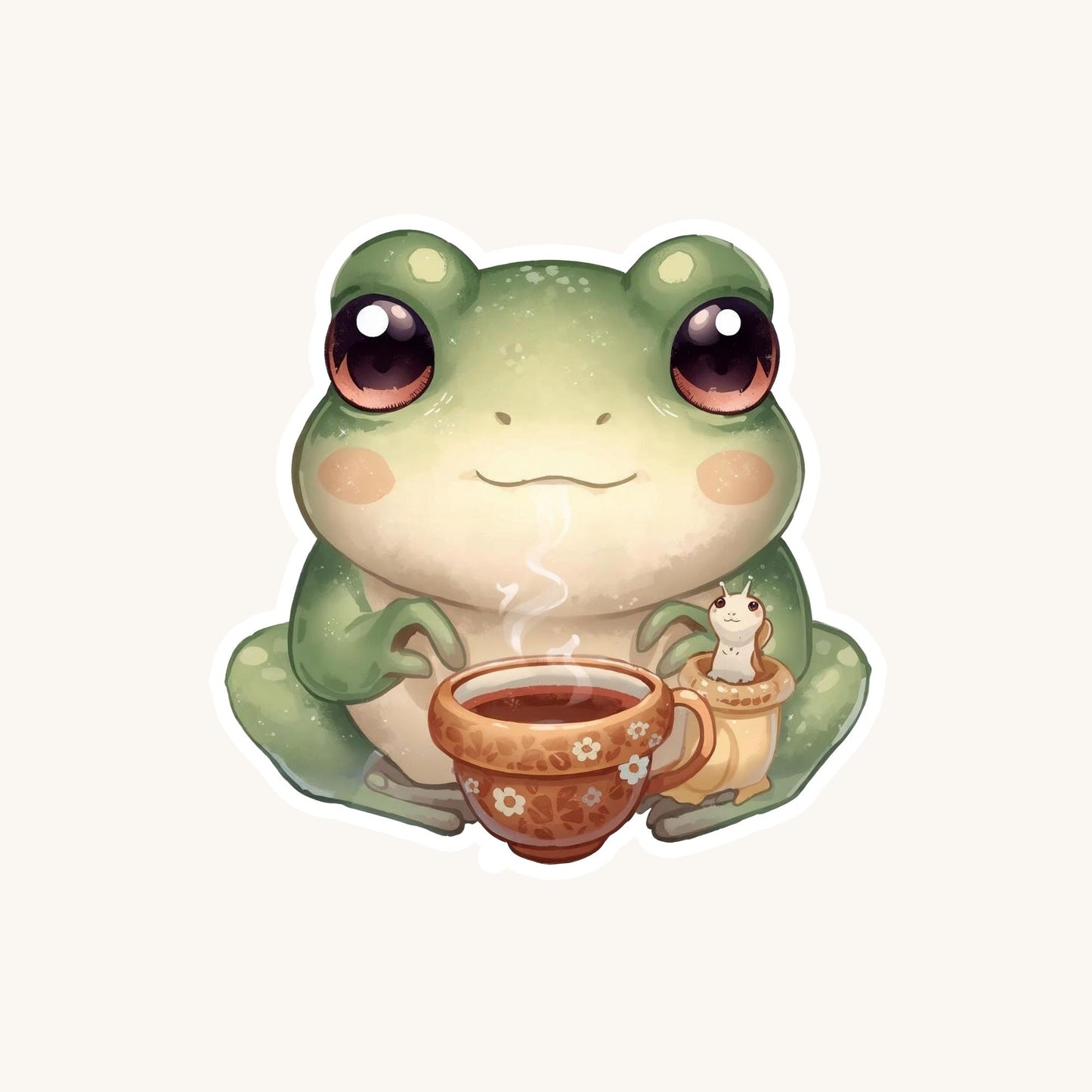 Frog and Slug Tea Time | Cottagecore | White Vinyl | Die-Cut Sticker