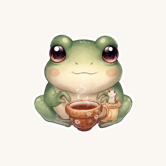 Frog and Slug Tea Time | Cottagecore | White Vinyl | Die-Cut Sticker