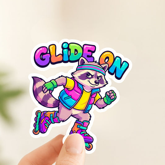 Glide On Rollerblade Raccoon | 90s Skater | White Vinyl | Die-Cut Sticker