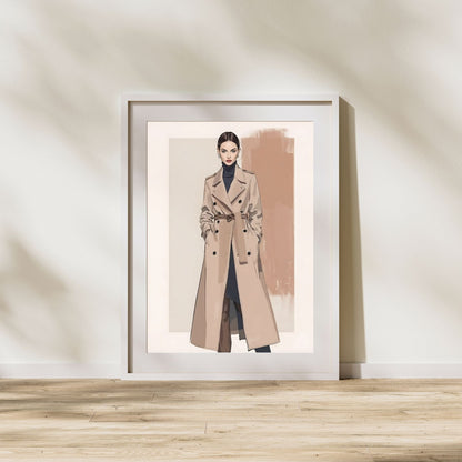 Beige Trench Coat | Elegant Minimalist Fashion Illustration | Digital Wall Artwork