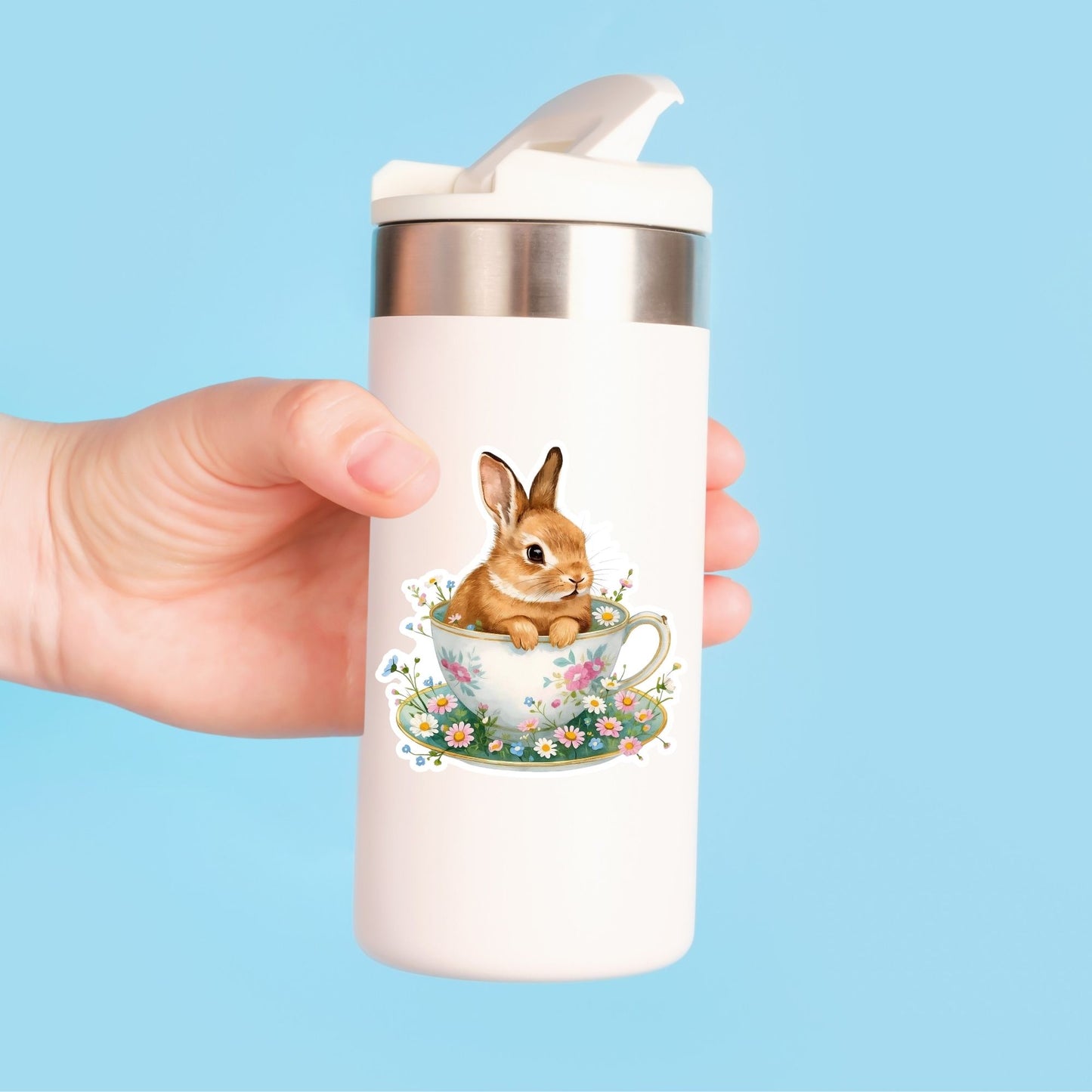 Bunny in Teacup Floral Spring | Cottagecore | White Vinyl | Die-Cut Sticker