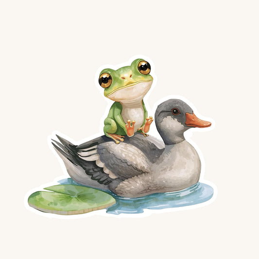 Frog Riding Duck Pond Friends | Cottagecore | White Vinyl | Die-Cut Sticker
