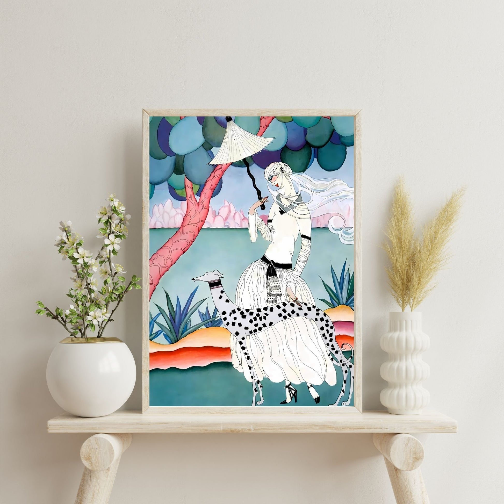 Art Nouveau Lady & Spotted Hound Print | Whimsical Pastel Illustration | Elegant Vintage-Inspired | Digital Wall Artwork
