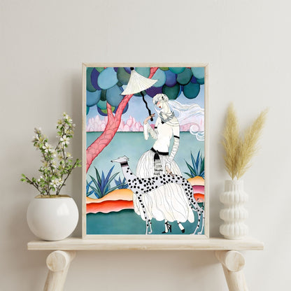 Art Nouveau Lady & Spotted Hound Print | Whimsical Pastel Illustration | Elegant Vintage-Inspired | Digital Wall Artwork