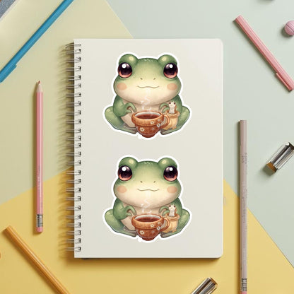 Frog and Slug Tea Time | Cottagecore | White Vinyl | Die-Cut Sticker