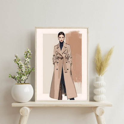 Beige Trench Coat | Elegant Minimalist Fashion Illustration | Digital Wall Artwork