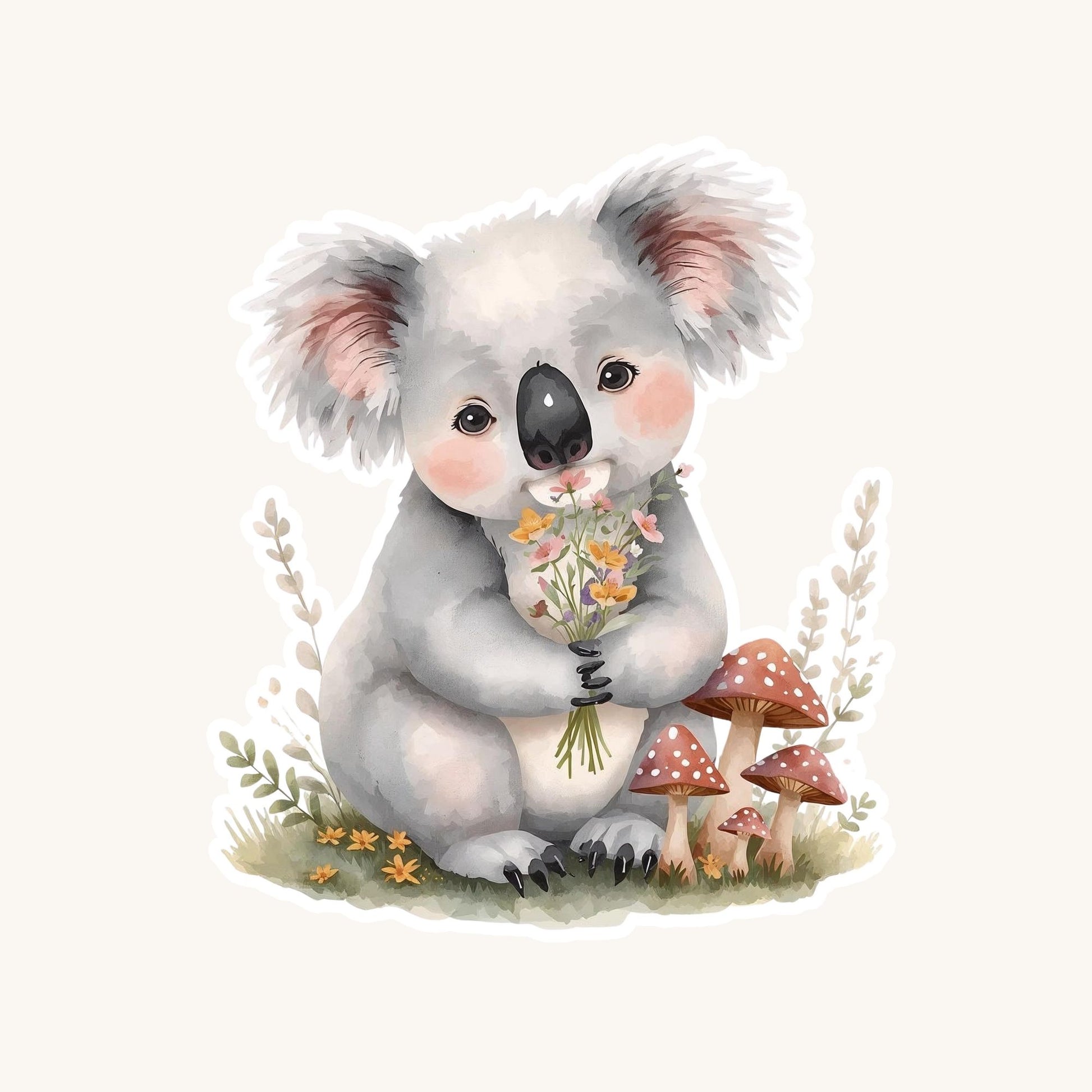 Koala with Flowers Floral Bouquet | Cottagecore | White Vinyl | Die-Cut Sticker