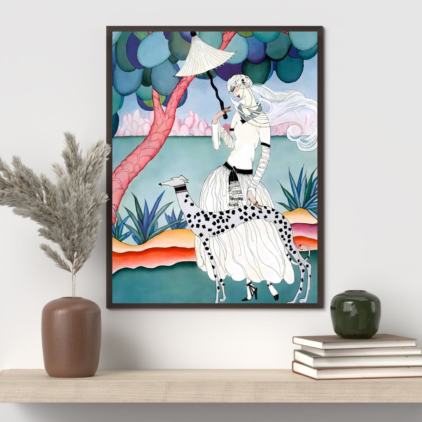 Art Nouveau Lady & Spotted Hound Print | Whimsical Pastel Illustration | Elegant Vintage-Inspired | Digital Wall Artwork