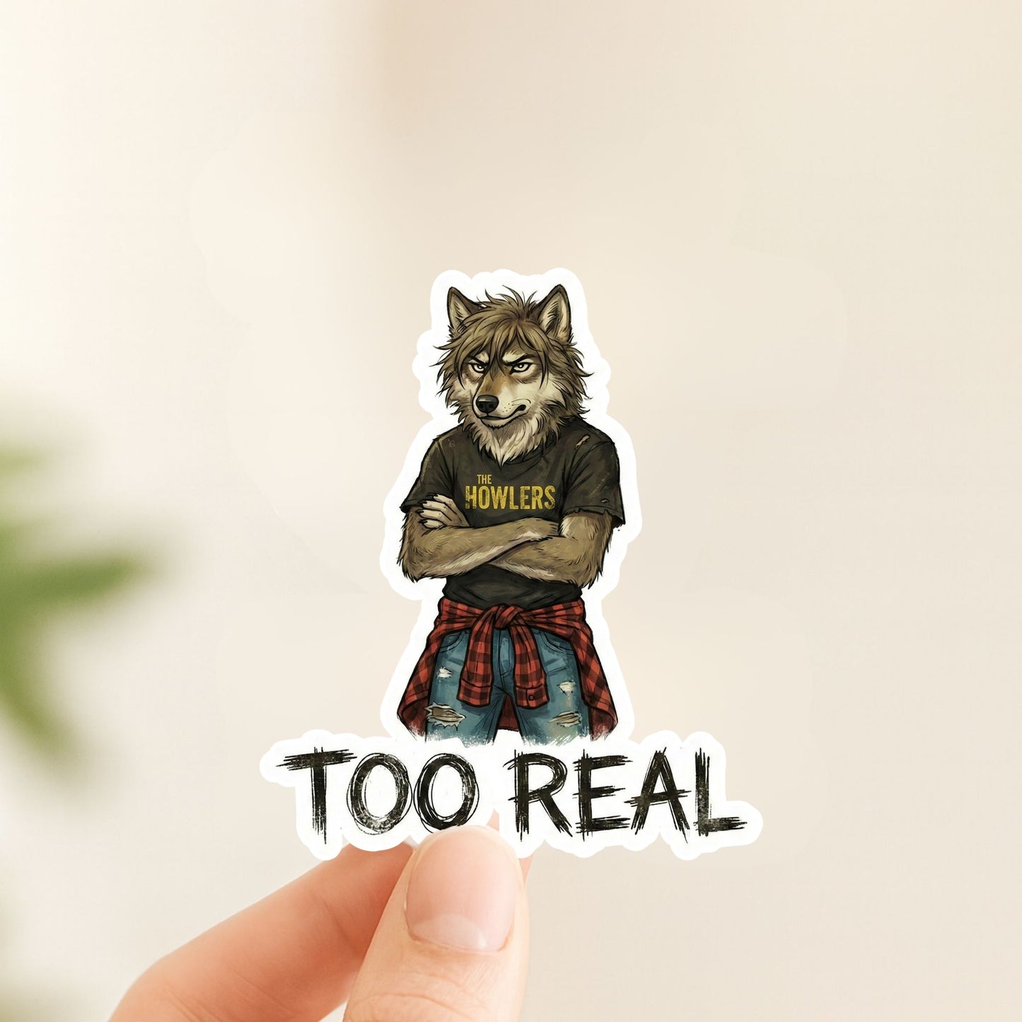 Too Real Grunge Wolf | Edgy Aesthetic | White Vinyl | Die-Cut Sticker
