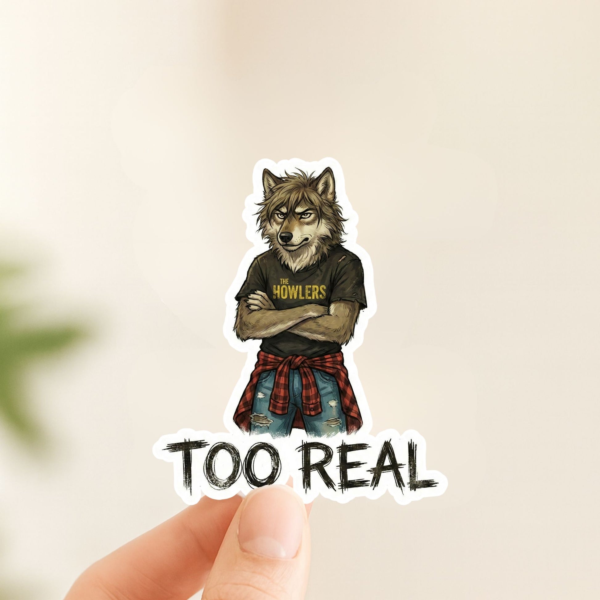Too Real Grunge Wolf | Edgy Aesthetic | White Vinyl | Die-Cut Sticker