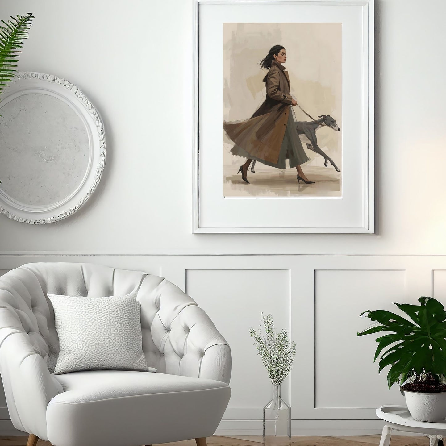 Chic City Stroll Illustration | Woman in Trench Coat with Greyhound | Digital Wall Artwork
