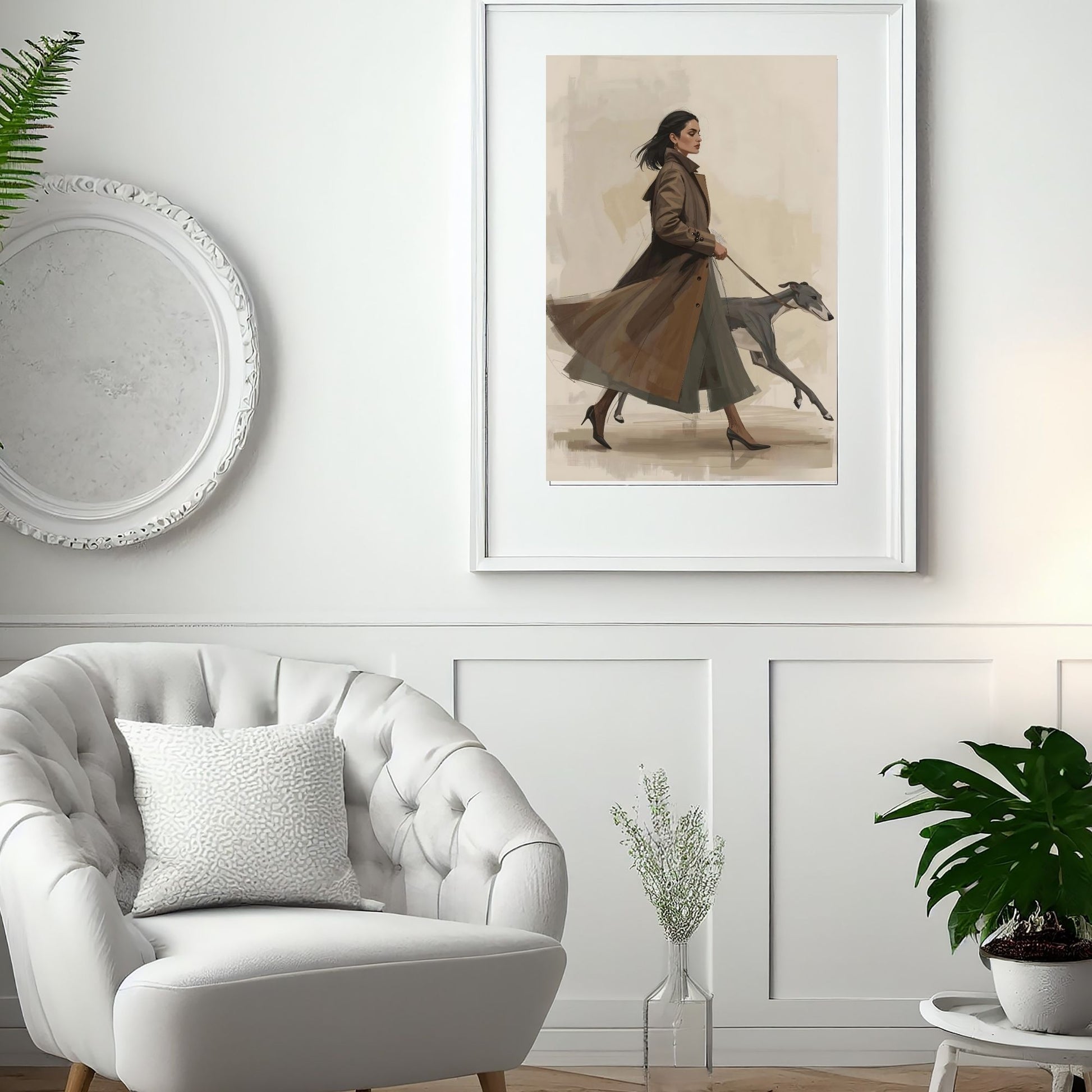 Chic City Stroll Illustration | Woman in Trench Coat with Greyhound | Digital Wall Artwork