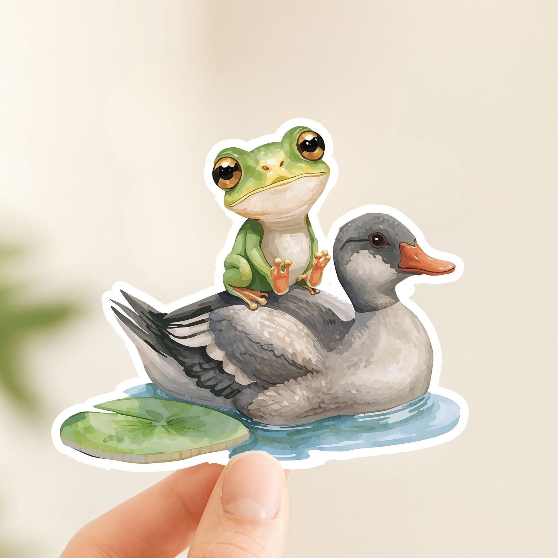 Frog Riding Duck Pond Friends | Cottagecore | White Vinyl | Die-Cut Sticker