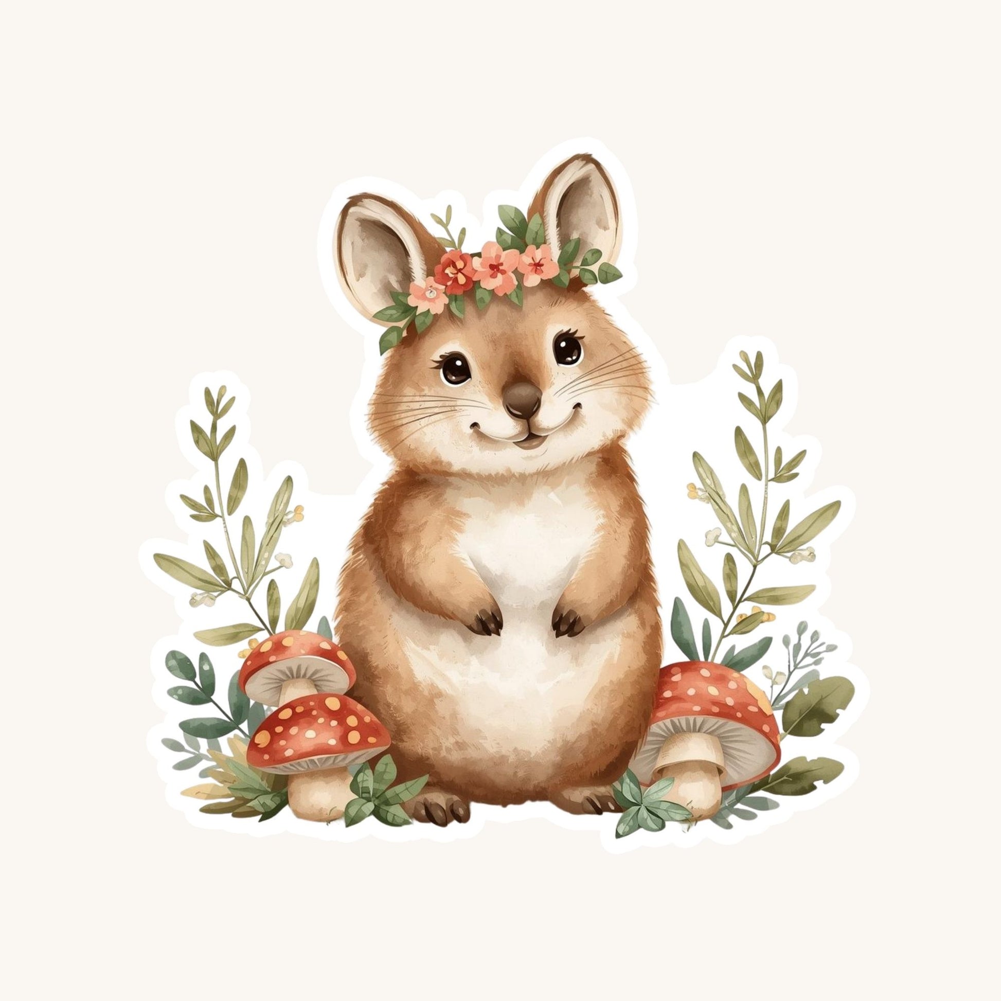 Cute Quokka Floral Forest | Cottagecore | White Vinyl | Die-Cut Sticker