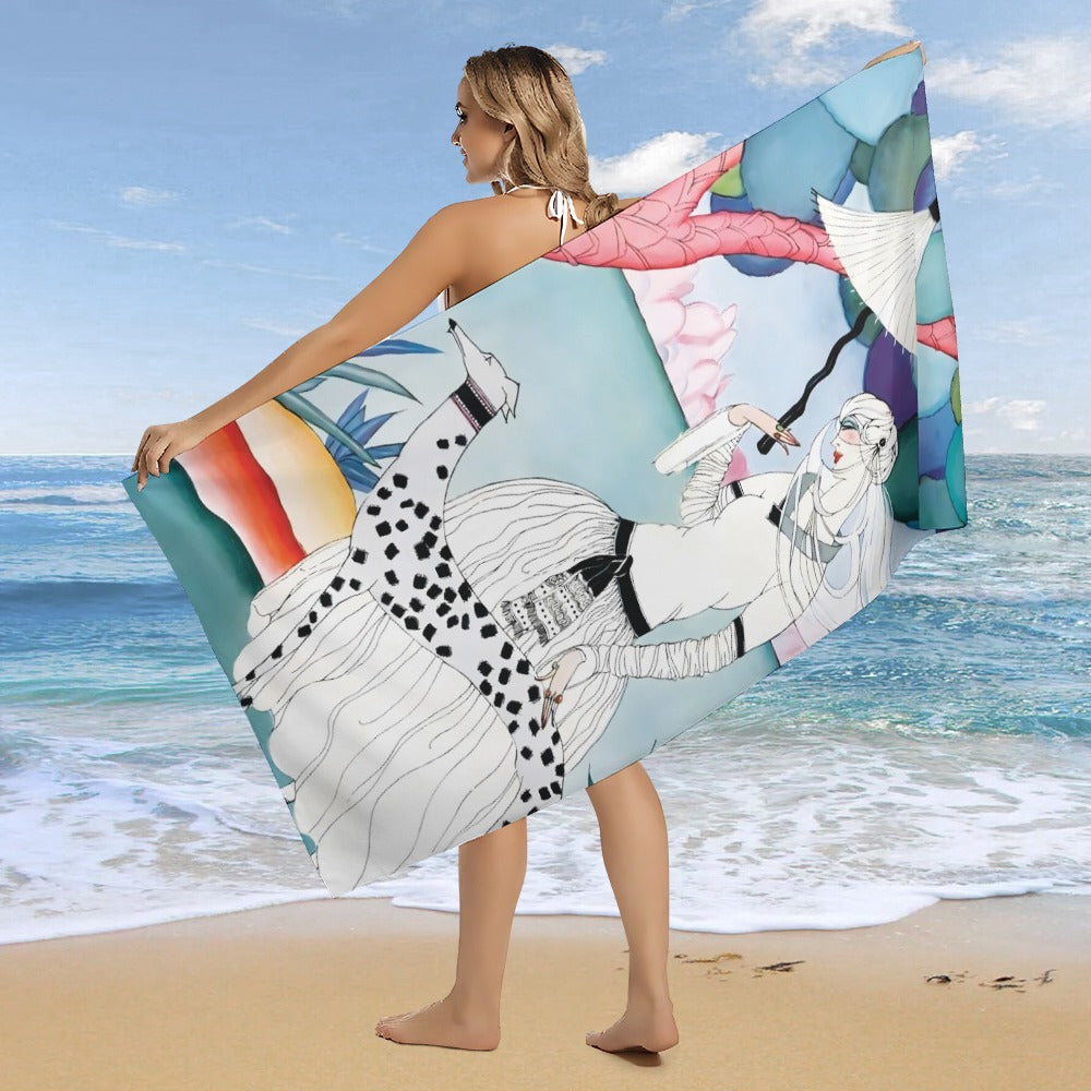 Gentle Companionship – Premium Beach Towel | Vintage Lady & Dog Art | 160×80 cm