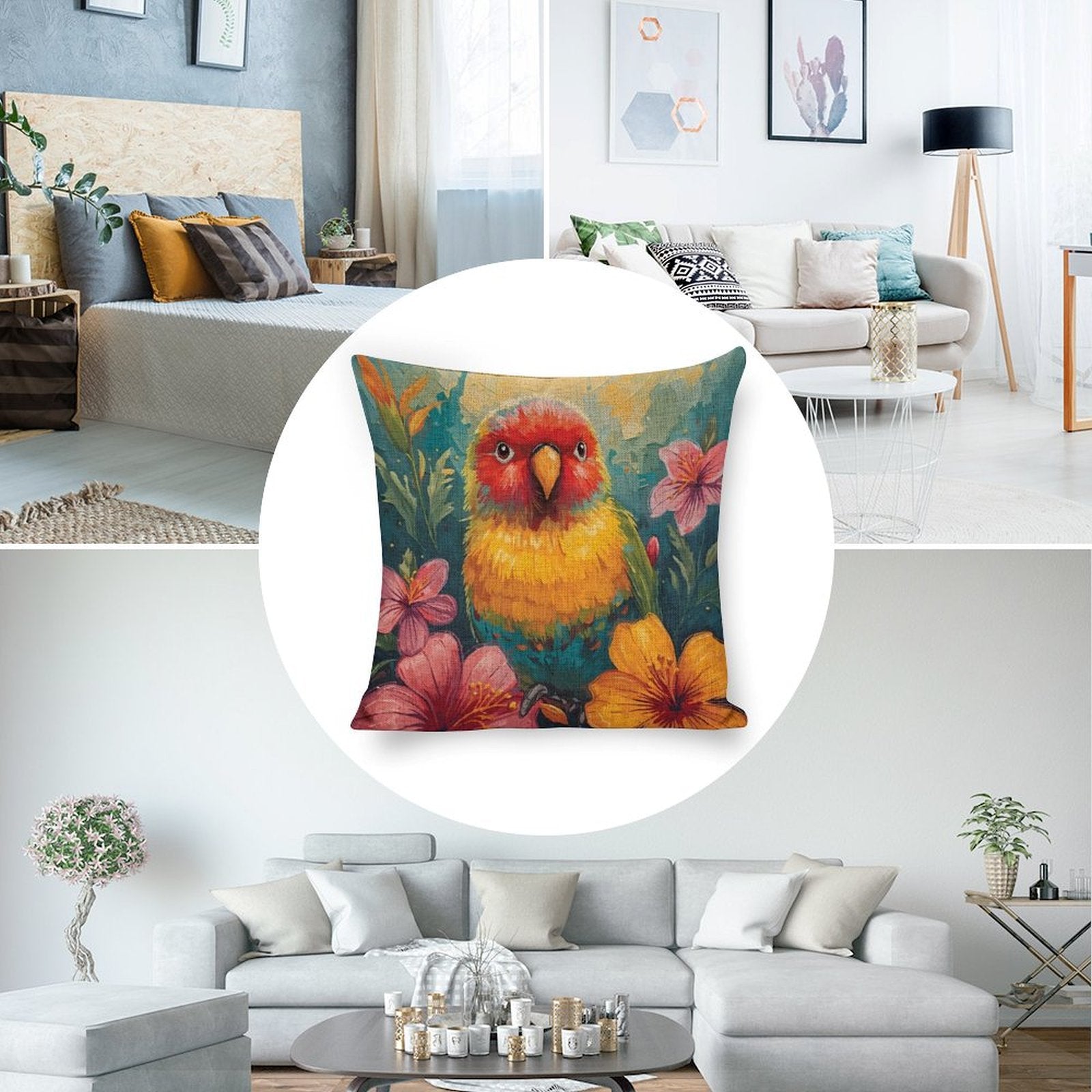 Tropical Lovebird Linen Cushion Pillow Cover — Double-Sided Print, 45×45cm