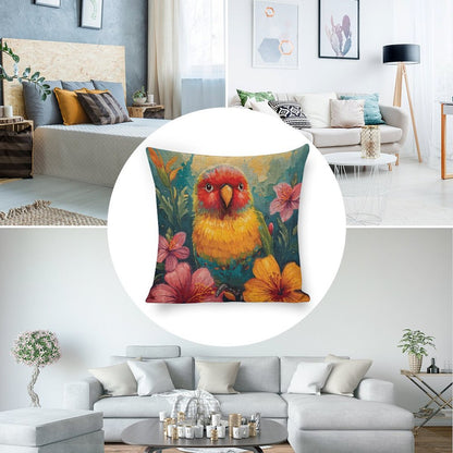 Tropical Lovebird Linen Cushion Pillow Cover — Double-Sided Print, 45×45cm