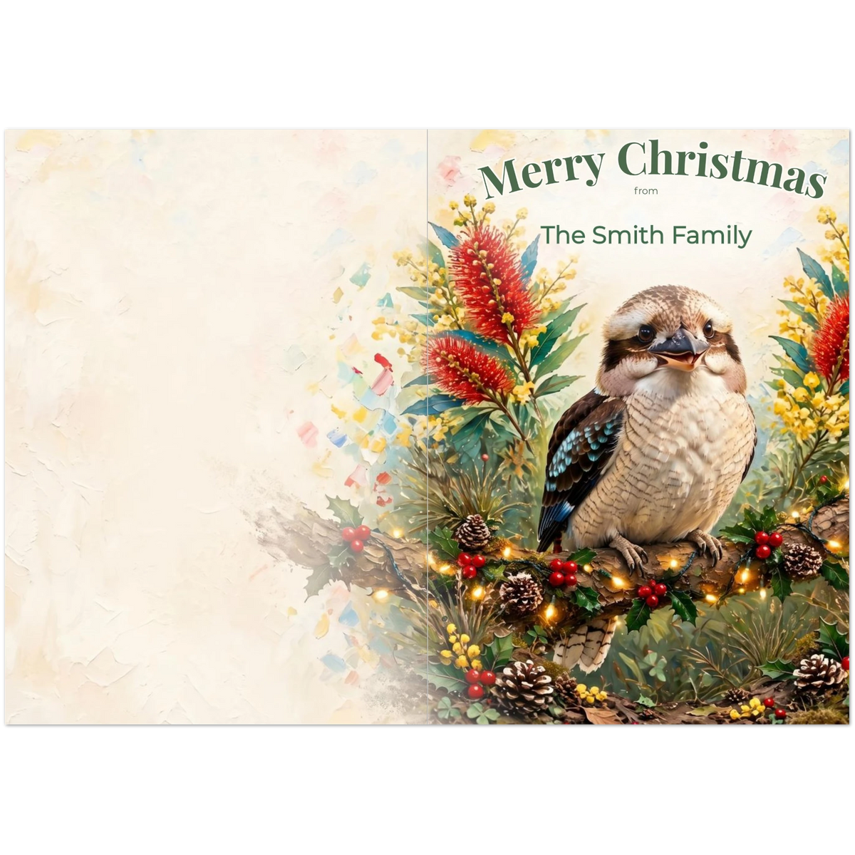 Personalised Christmas Cards Pack of 10 with Envelopes, Custom Family Name Kookaburra Christmas Card, Australian Animals Xmas Card Set