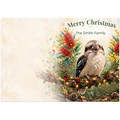 Personalised Christmas Cards Pack of 10 with Envelopes, Custom Family Name Kookaburra Christmas Card, Australian Animals Xmas Card Set