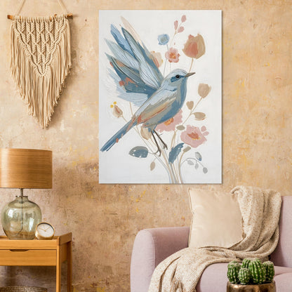 Abstract Impressionist Bird & Blossom Fine Art Poster - Soft Blue & Blush Hues