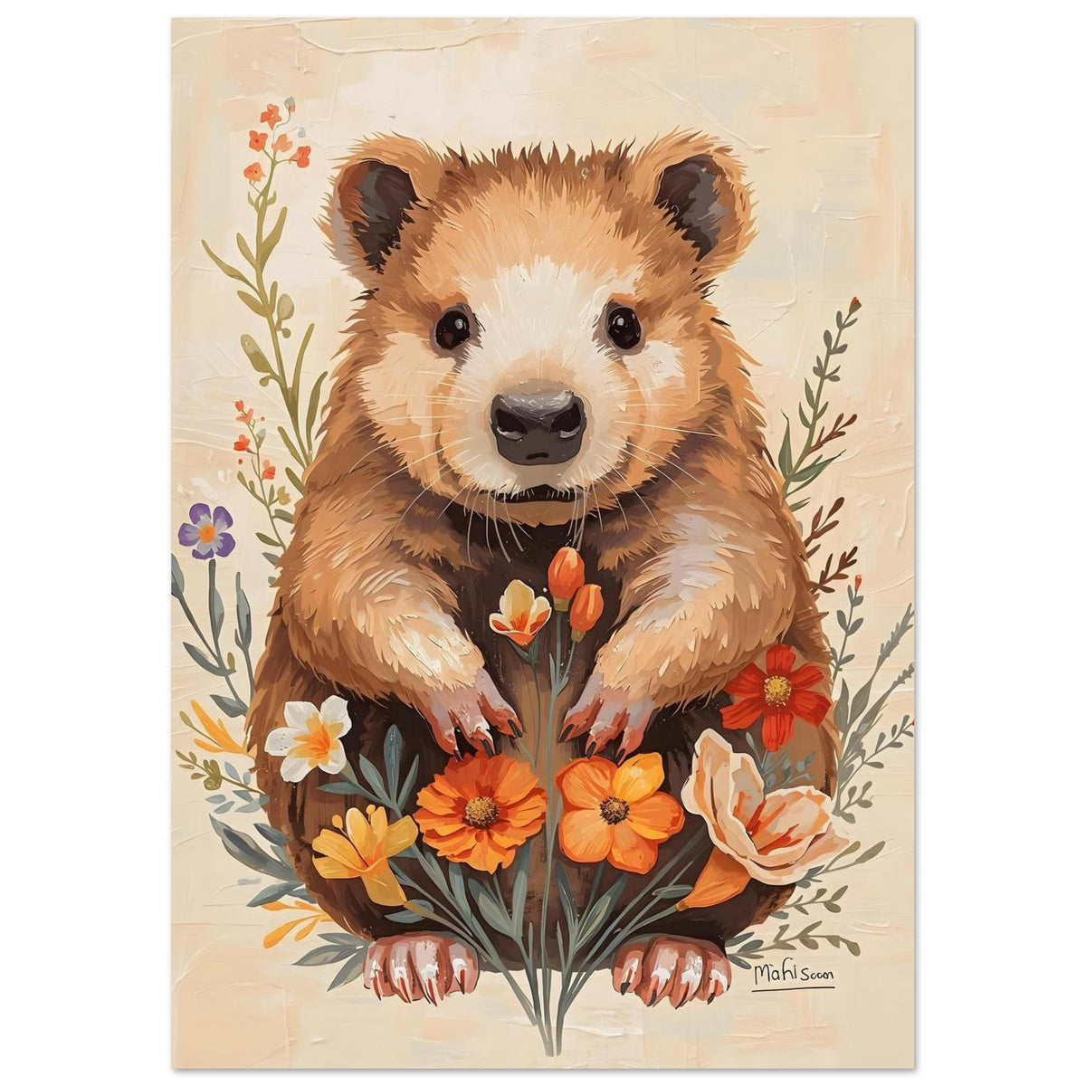 Charming Wildflower Critter Fine Art Poster in Warm Earthy Tones A2 (42 x 59.4 cm)