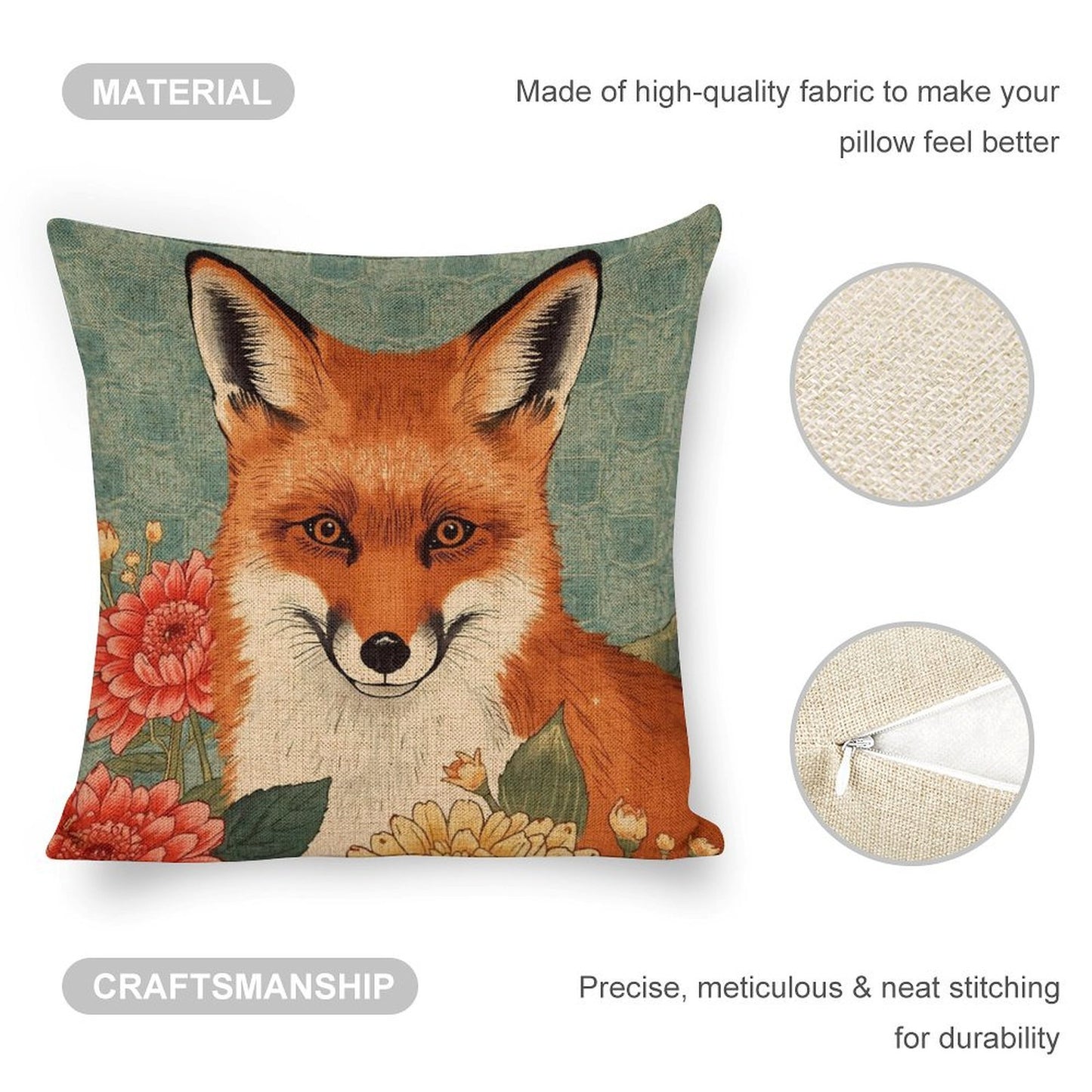 Floral Fox Linen Cushion Pillow Cover — Double-Sided Print, 45×45cm