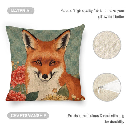 Floral Fox Linen Cushion Pillow Cover — Double-Sided Print, 45×45cm