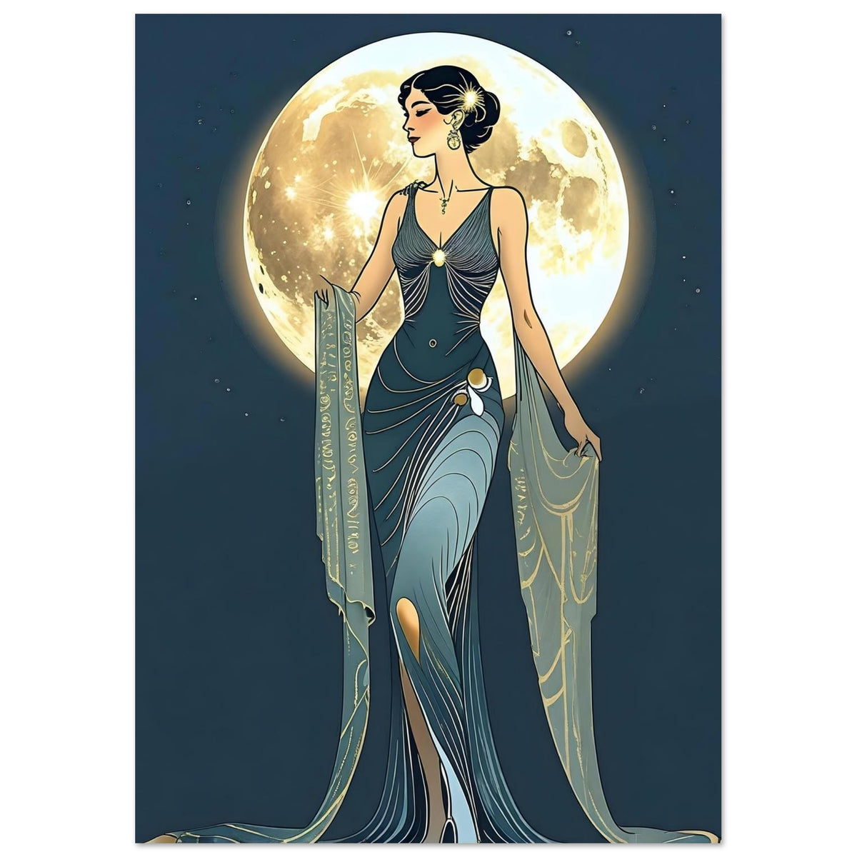 Art Deco Diva Moonlit Fine Art Poster - A Touch of Roaring Twenties Glamour for Your Walls A2 (42 x 59.4 cm)