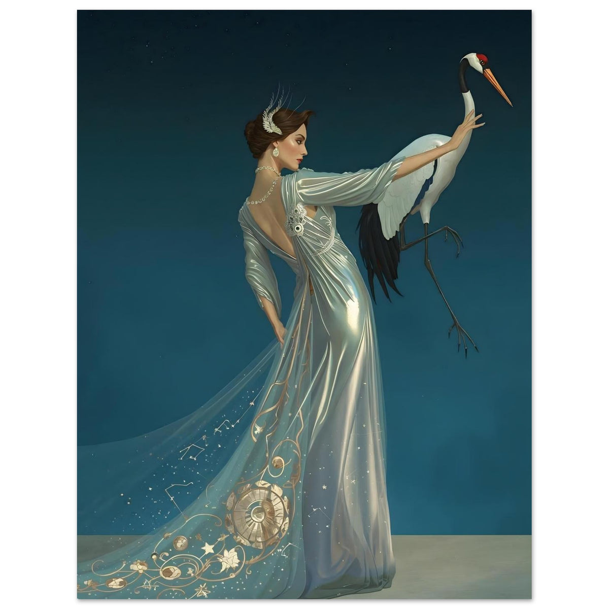 Celestial Elegance Crane & Stargazer Fine Art Poster – A Vision of Myth & Beauty 27x35 cm 11x14″