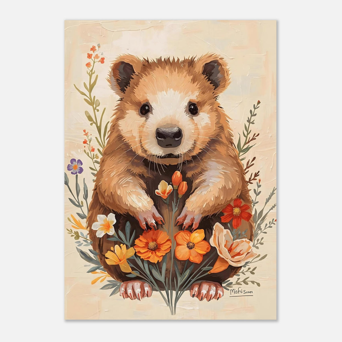 Charming Wildflower Critter Fine Art Poster in Warm Earthy Tones