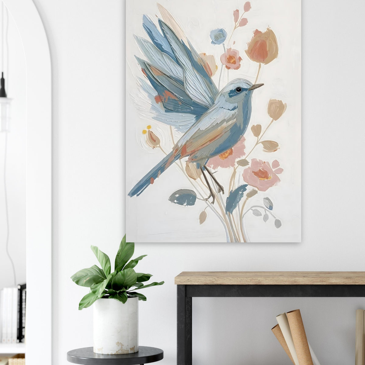 Abstract Impressionist Bird & Blossom Fine Art Poster - Soft Blue & Blush Hues