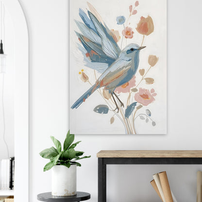 Abstract Impressionist Bird & Blossom Fine Art Poster - Soft Blue & Blush Hues