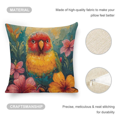 Tropical Lovebird Linen Cushion Pillow Cover — Double-Sided Print, 45×45cm