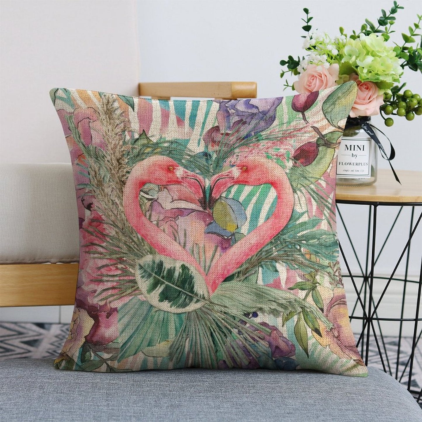Flamingo Pair Linen Cushion Pillow Cover — Double-Sided Print, 45×45cm