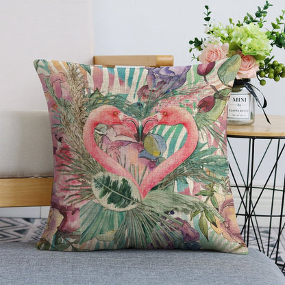 Flamingo Pair Linen Cushion Pillow Cover — Double-Sided Print, 45×45cm
