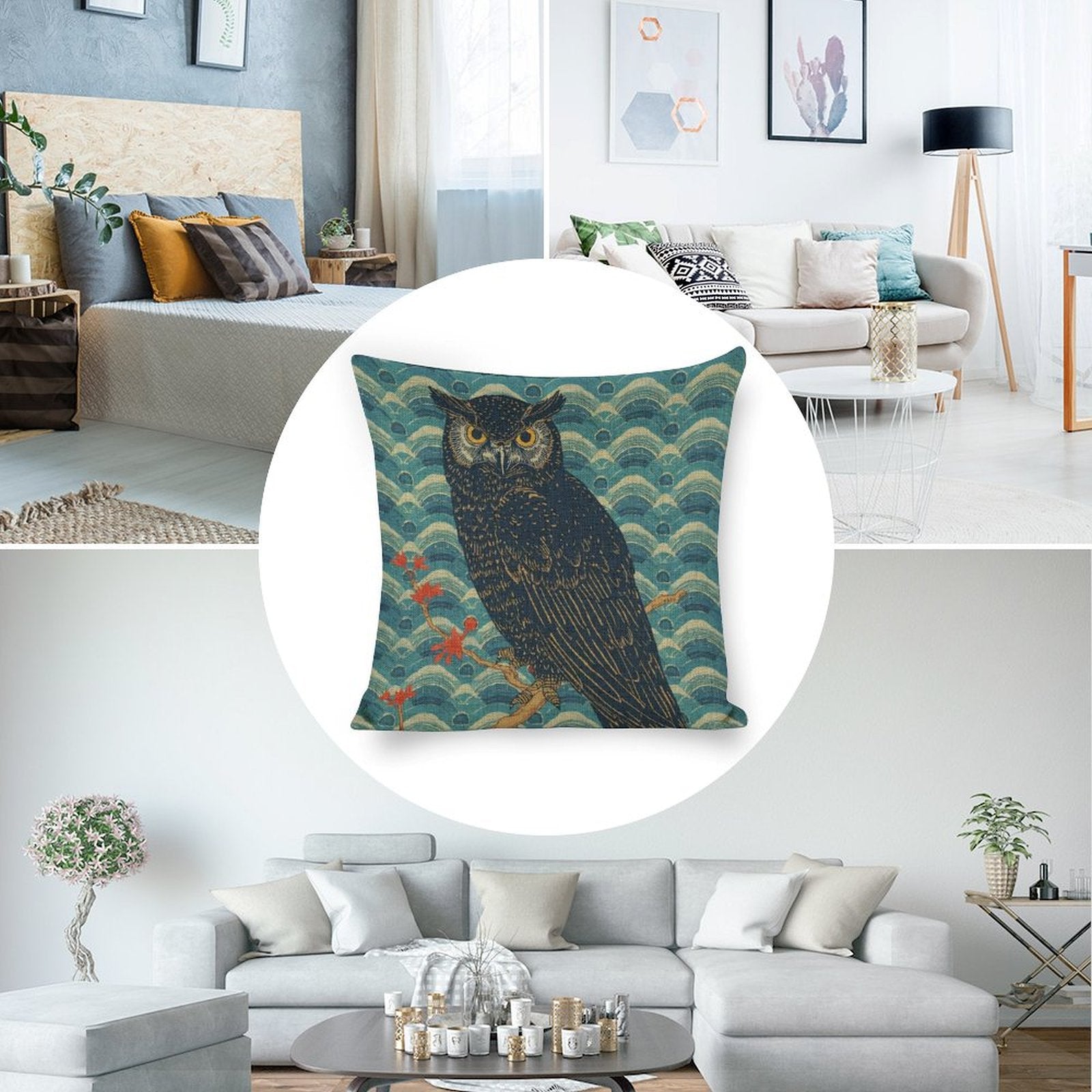 Majestic Owl Linen Cushion Pillow Cover — Double-Sided Print, 45×45cm