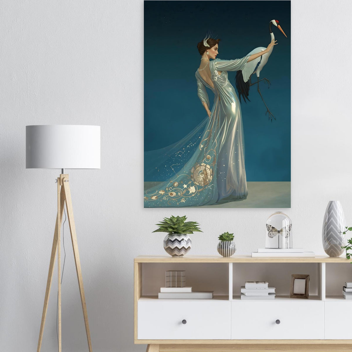 Celestial Elegance Crane & Stargazer Fine Art Poster – A Vision of Myth & Beauty