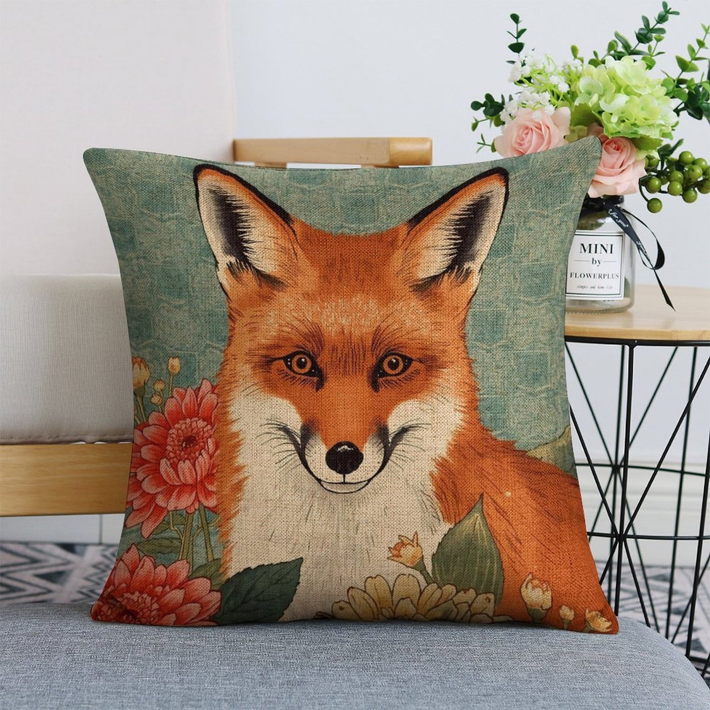 Floral Fox Linen Cushion Pillow Cover — Double-Sided Print, 45×45cm