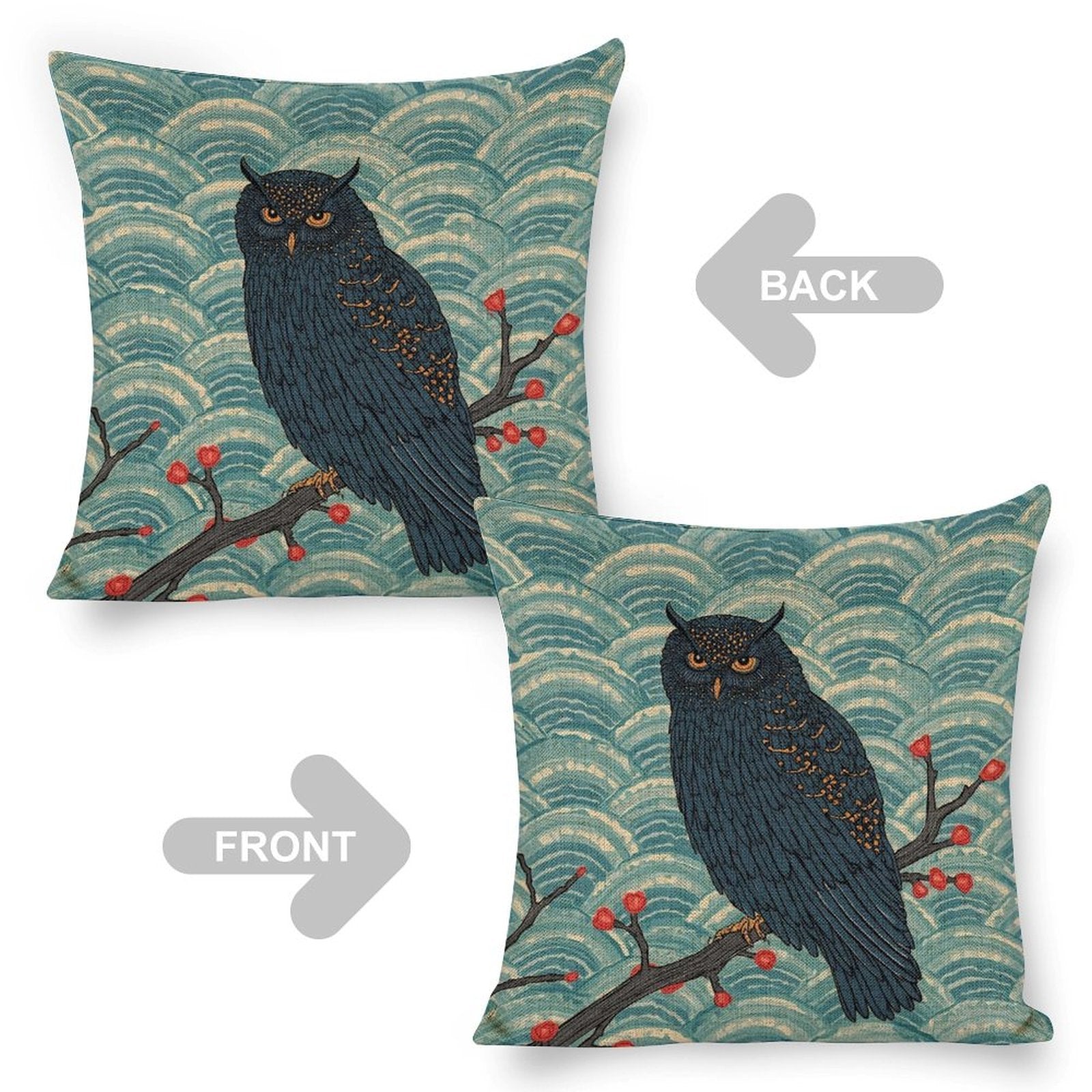 Nocturne Owl Linen Cushion Pillow Cover — Double-Sided Print, 45×45cm