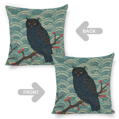 Nocturne Owl Linen Cushion Pillow Cover — Double-Sided Print, 45×45cm
